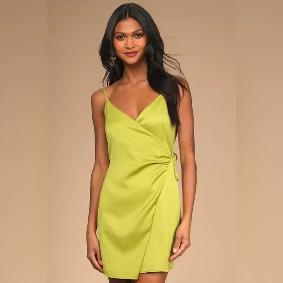 Lulus | Dresses | Lulus Vivid Vibes Lime Green Satin Ruched Wrap Mini Dress  Size Xs | Poshmark